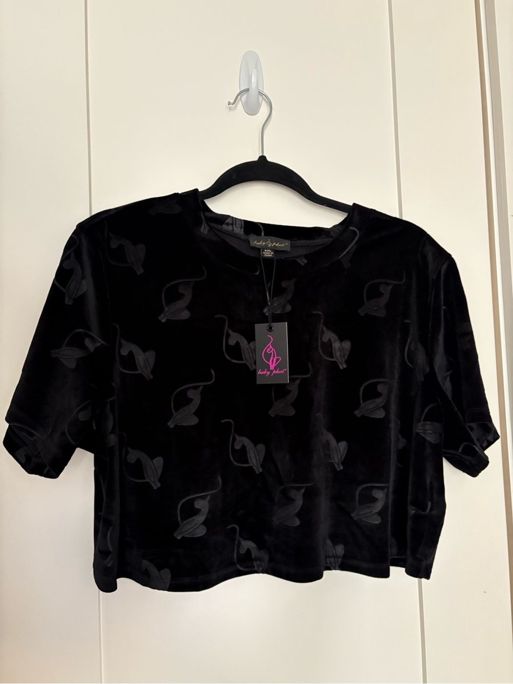 Baby Phat Black Velvet Cropped Tee with Tonal Cat Logo